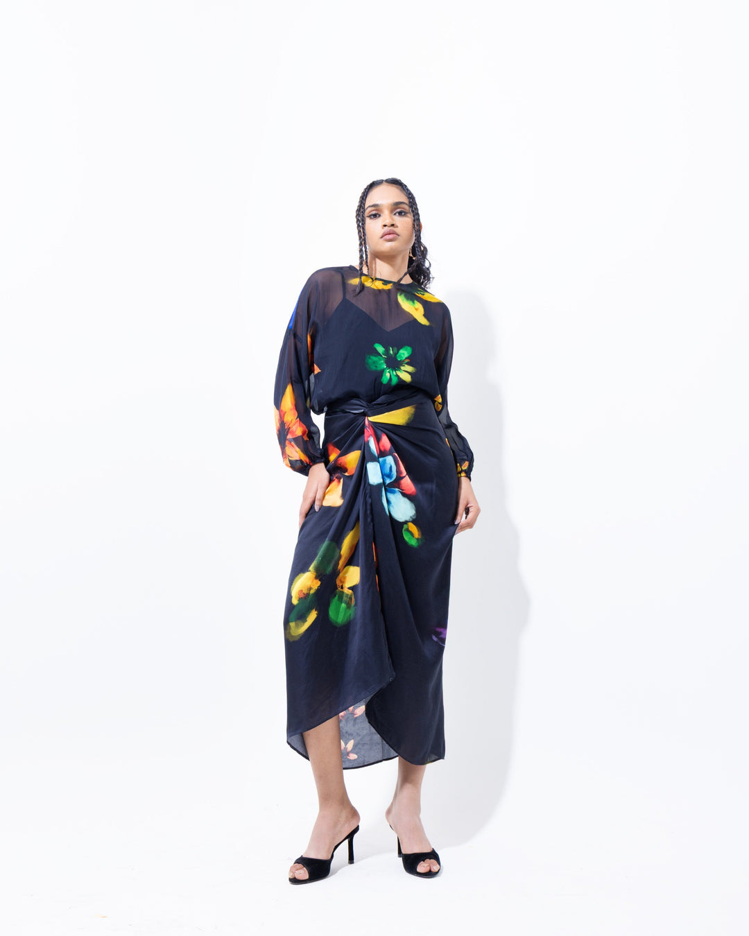 Elegant Black Floral Drape Skirt – Vegan Silk High - Low Skirt for Women - The Organico
