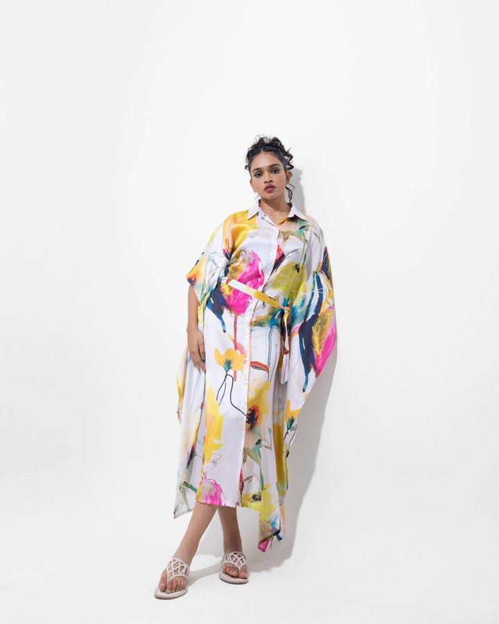 Elegant Black Floral Shirt Kaftan Dress – Multi - Colour Vegan Silk Maxi Dress with Belt - The Organico