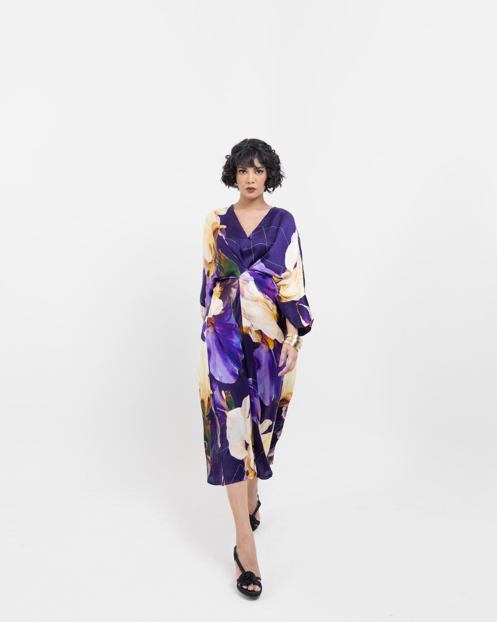 Elegant Midnight Bloom Wrap - Style Kimono Midi Dress – Purple Vegan Silk Floral Dress - The Organico