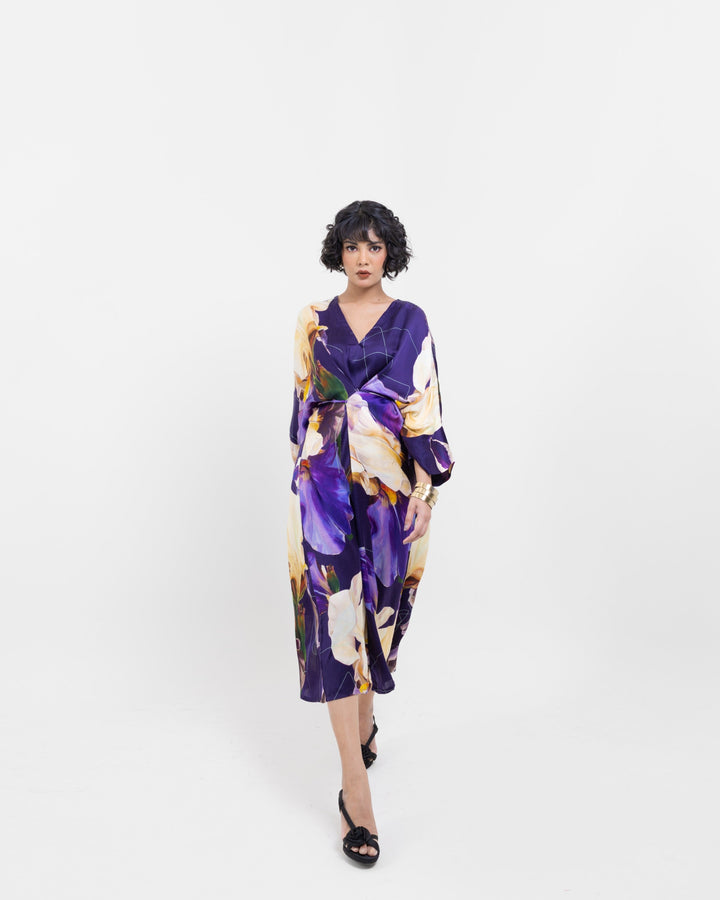 Elegant Midnight Bloom Wrap - Style Kimono Midi Dress – Purple Vegan Silk Floral Dress - The Organico