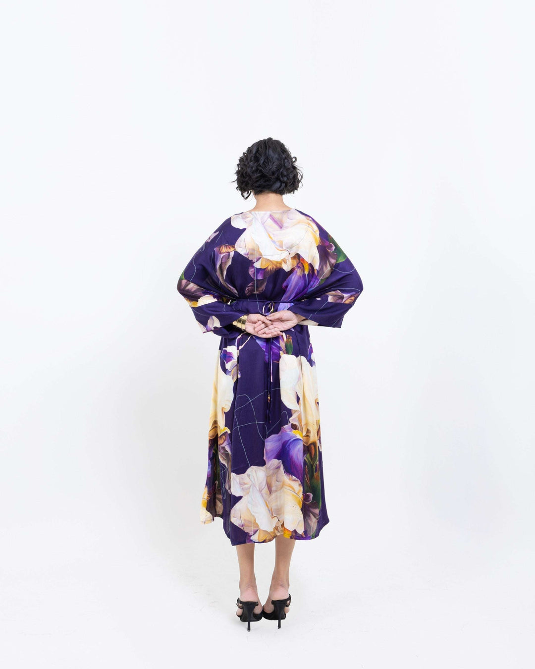 Elegant Midnight Bloom Wrap - Style Kimono Midi Dress – Purple Vegan Silk Floral Dress - The Organico