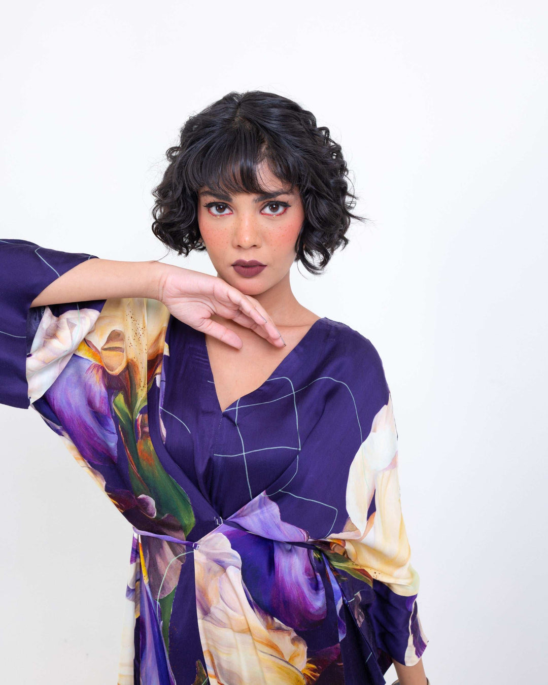 Elegant Midnight Bloom Wrap - Style Kimono Midi Dress – Purple Vegan Silk Floral Dress - The Organico