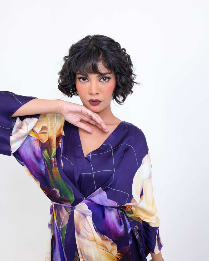 Elegant Midnight Bloom Wrap - Style Kimono Midi Dress – Purple Vegan Silk Floral Dress - The Organico