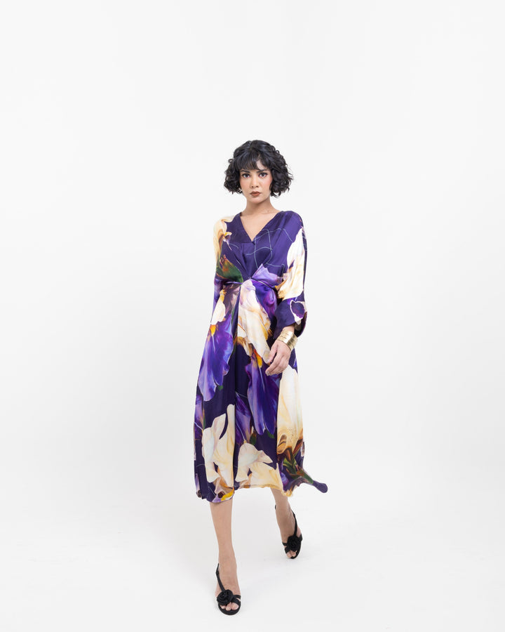 Elegant Midnight Bloom Wrap - Style Kimono Midi Dress – Purple Vegan Silk Floral Dress - The Organico