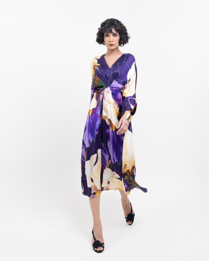 Elegant Purple Floral Wrap Kimono Dress
