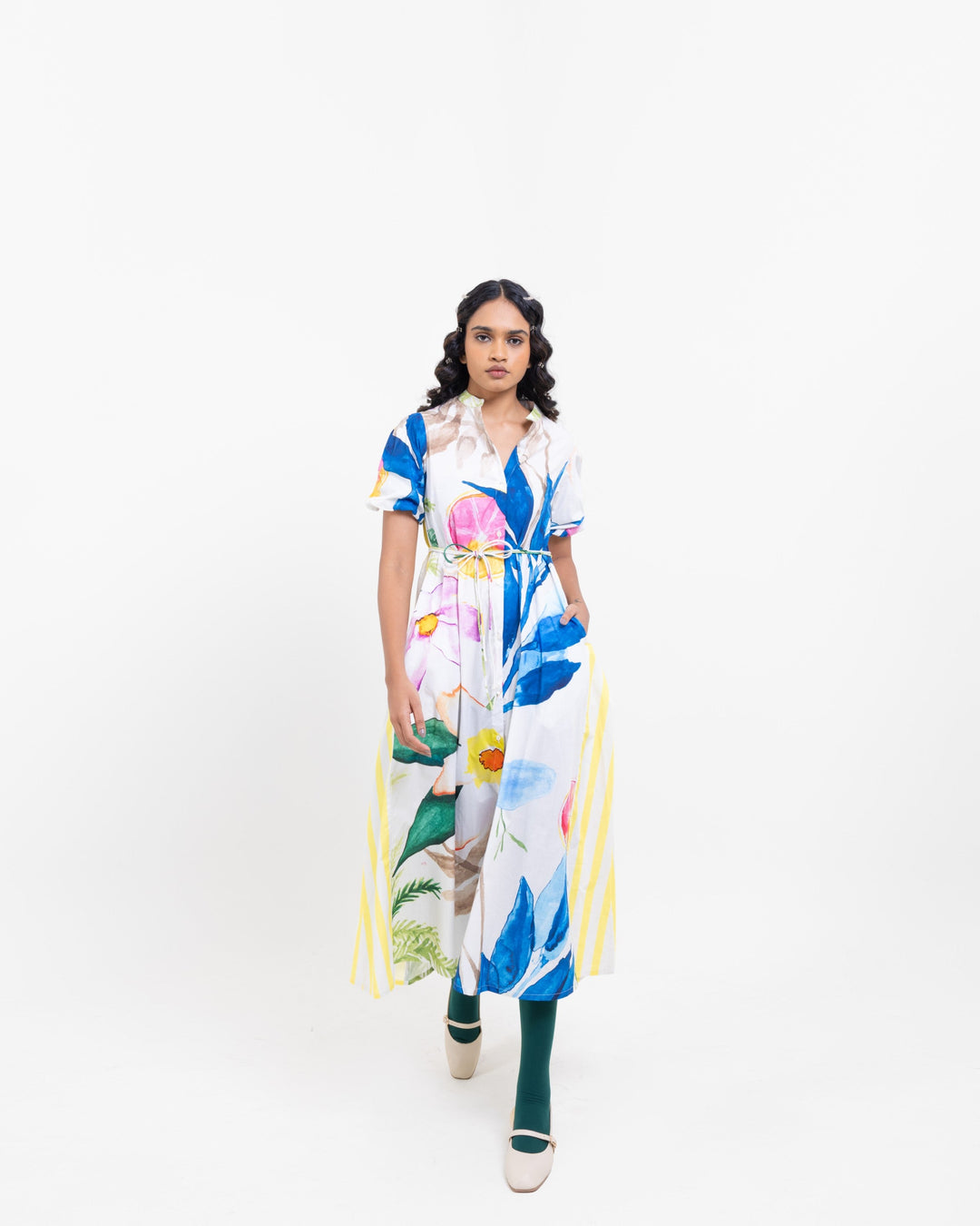 Floral Canvas Cotton Midi Dress – Multi - Colour Elegant Women’s Dress with Belt - The Organico