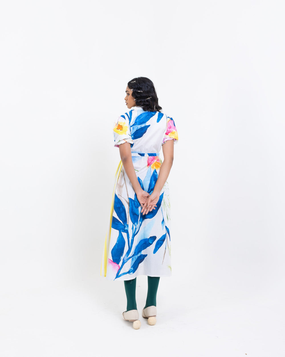 Floral Canvas Cotton Midi Dress – Multi - Colour Elegant Women’s Dress with Belt - The Organico