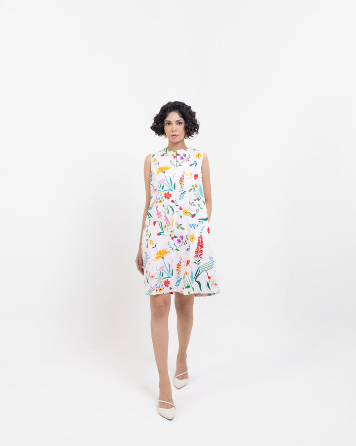 Floral Elegance Sleeveless Cotton Dress – White Short Summer Dress for Women - The Organico