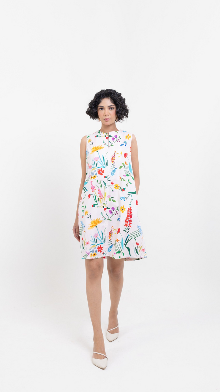 Floral Elegance Sleeveless Cotton Dress – White Short Summer Dress for Women