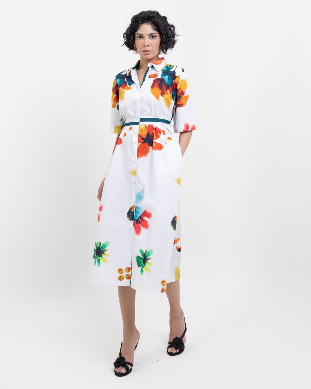 Floral Hand Printed Cotton Midi Dress with Belt – Elegant White Drop Waist Dress - The Organico