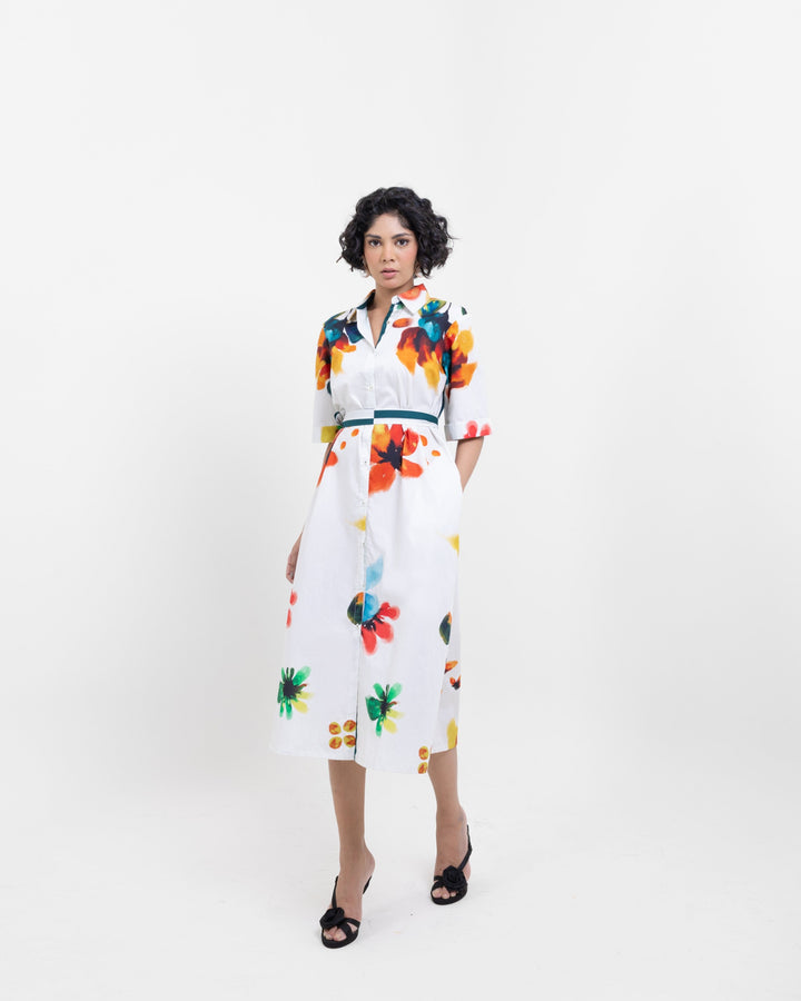 Floral Hand Printed Cotton Midi Dress with Belt – Elegant White Drop Waist Dress - The Organico
