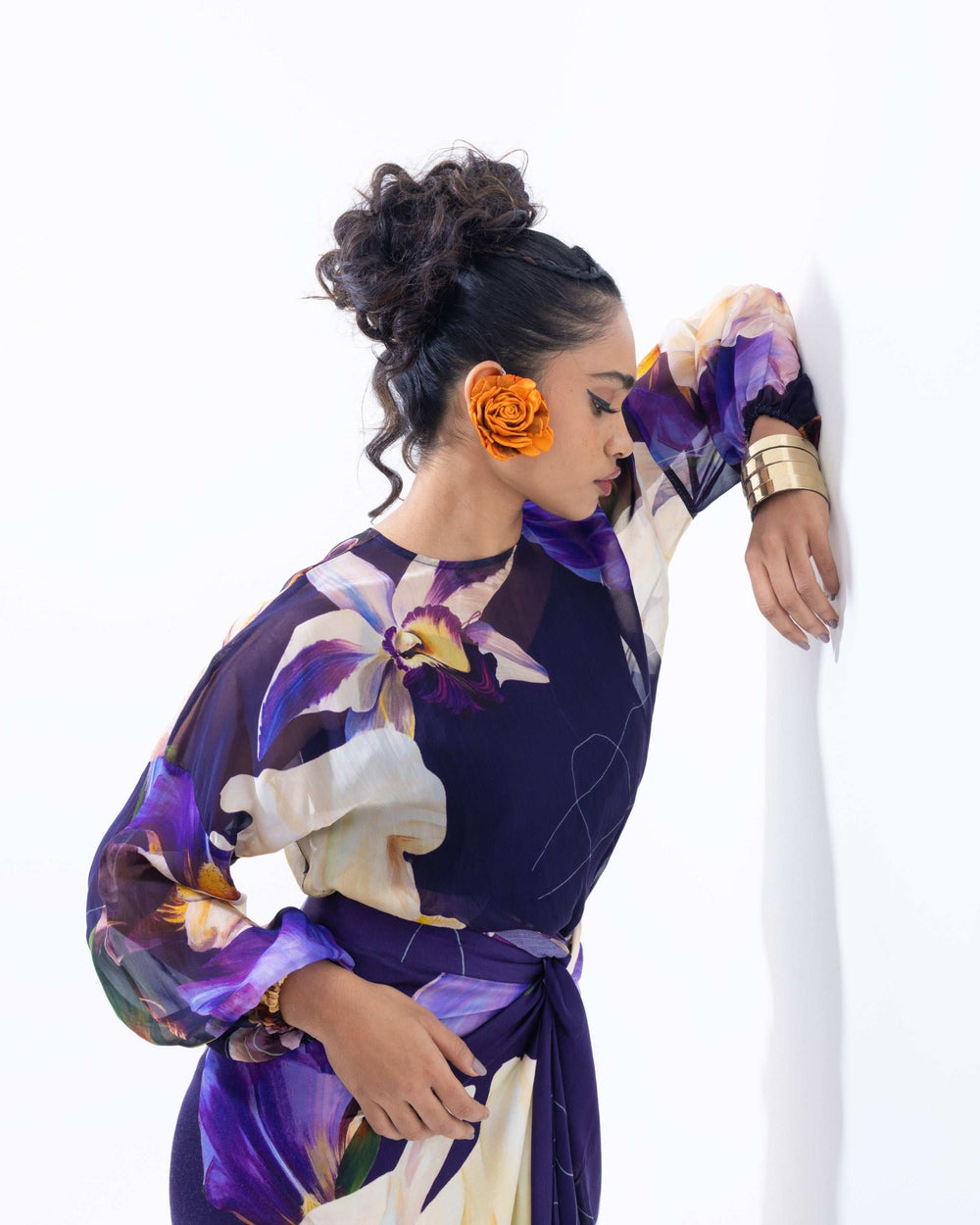 Floral Print Sheer Organza Top – Purple Spaghetti Strap Orgenga Blouse - The Organico