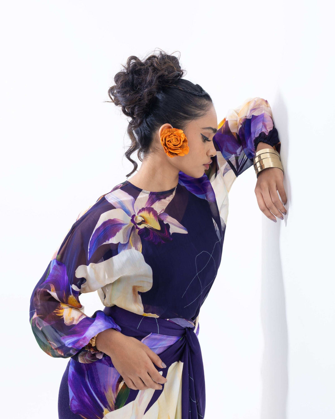 Floral Print Sheer Organza Top – Purple Spaghetti Strap Orgenga Blouse - The Organico