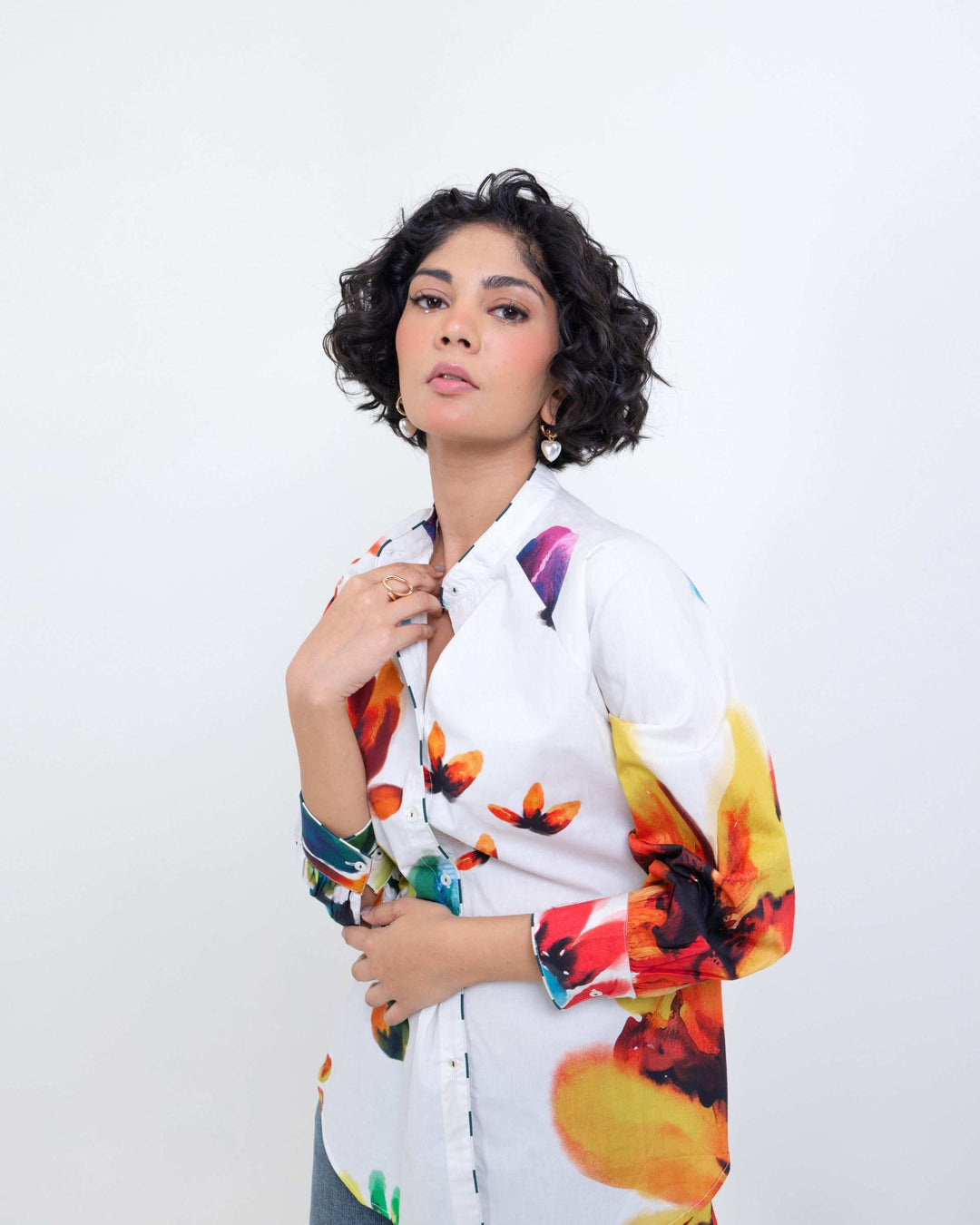 Hand - Printed Floral Cotton Shirt – Multi - Colour Casual Shirt for Women - The Organico