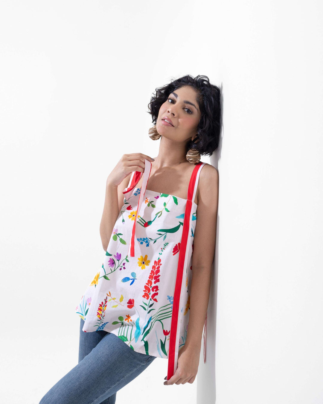 Hand Printed Floral Cotton Top – White Ethnic Wear for Women - The Organico
