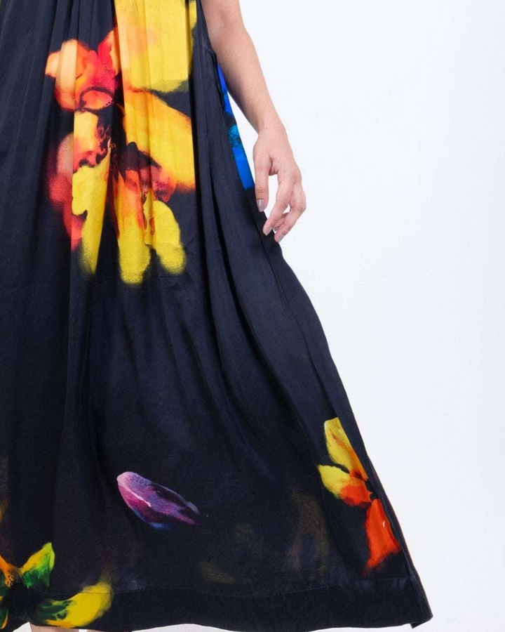 Black Floral Halter Silk Maxi Dress