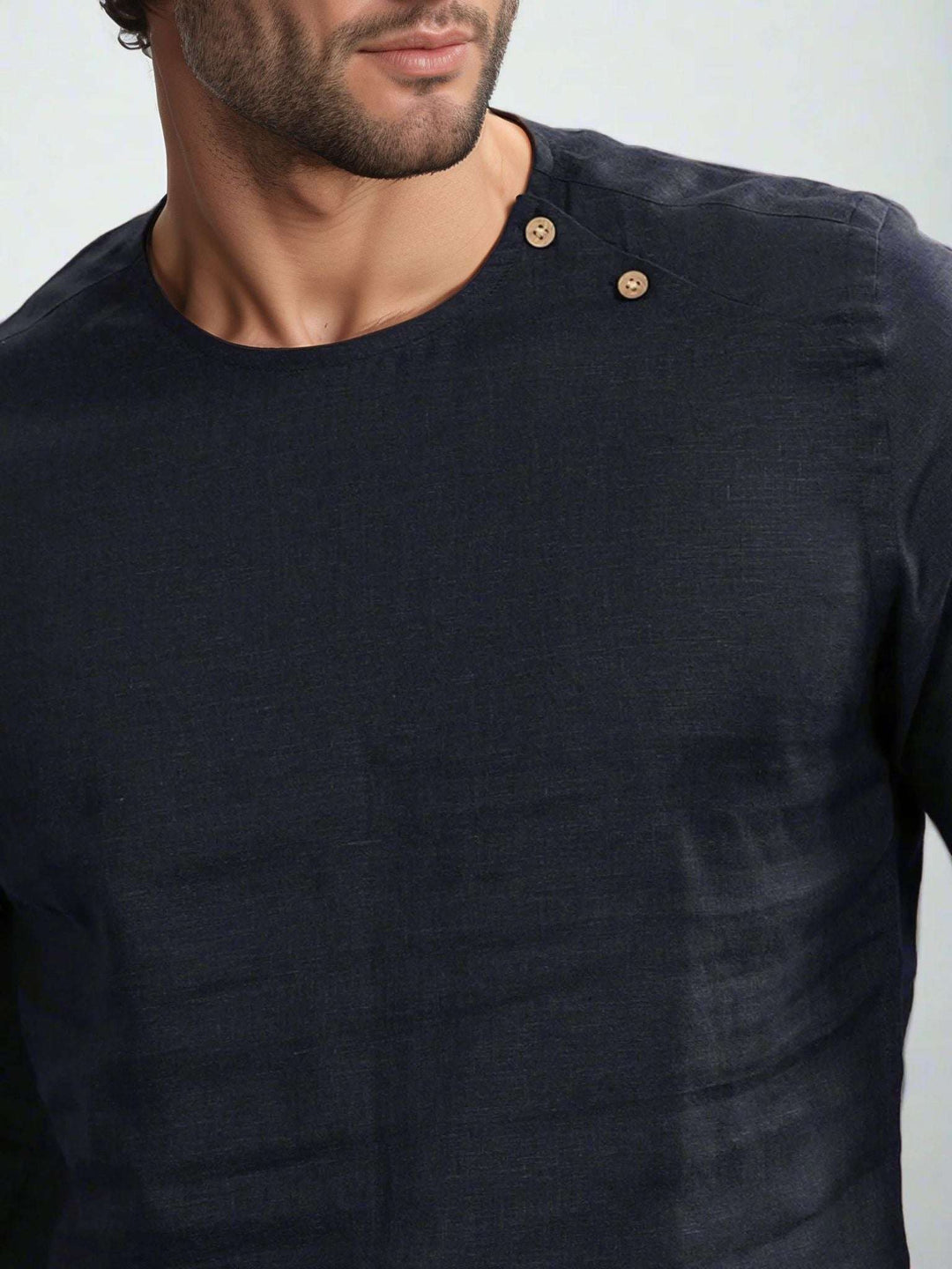 Kobe Dark Blue Linen T-Shirt – Short Sleeve with Shoulder Buttons - The Organico