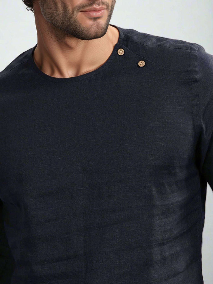 Kobe Dark Blue Linen T-Shirt – Short Sleeve with Shoulder Buttons - The Organico
