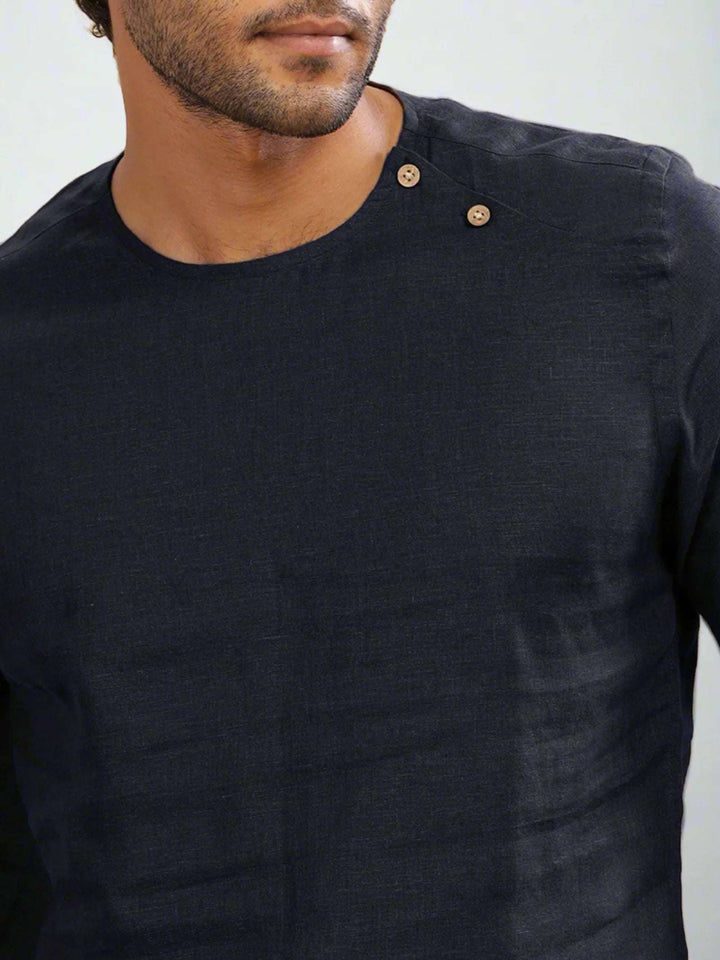 Kobe Dark Blue Linen T-Shirt – Short Sleeve with Shoulder Buttons - The Organico