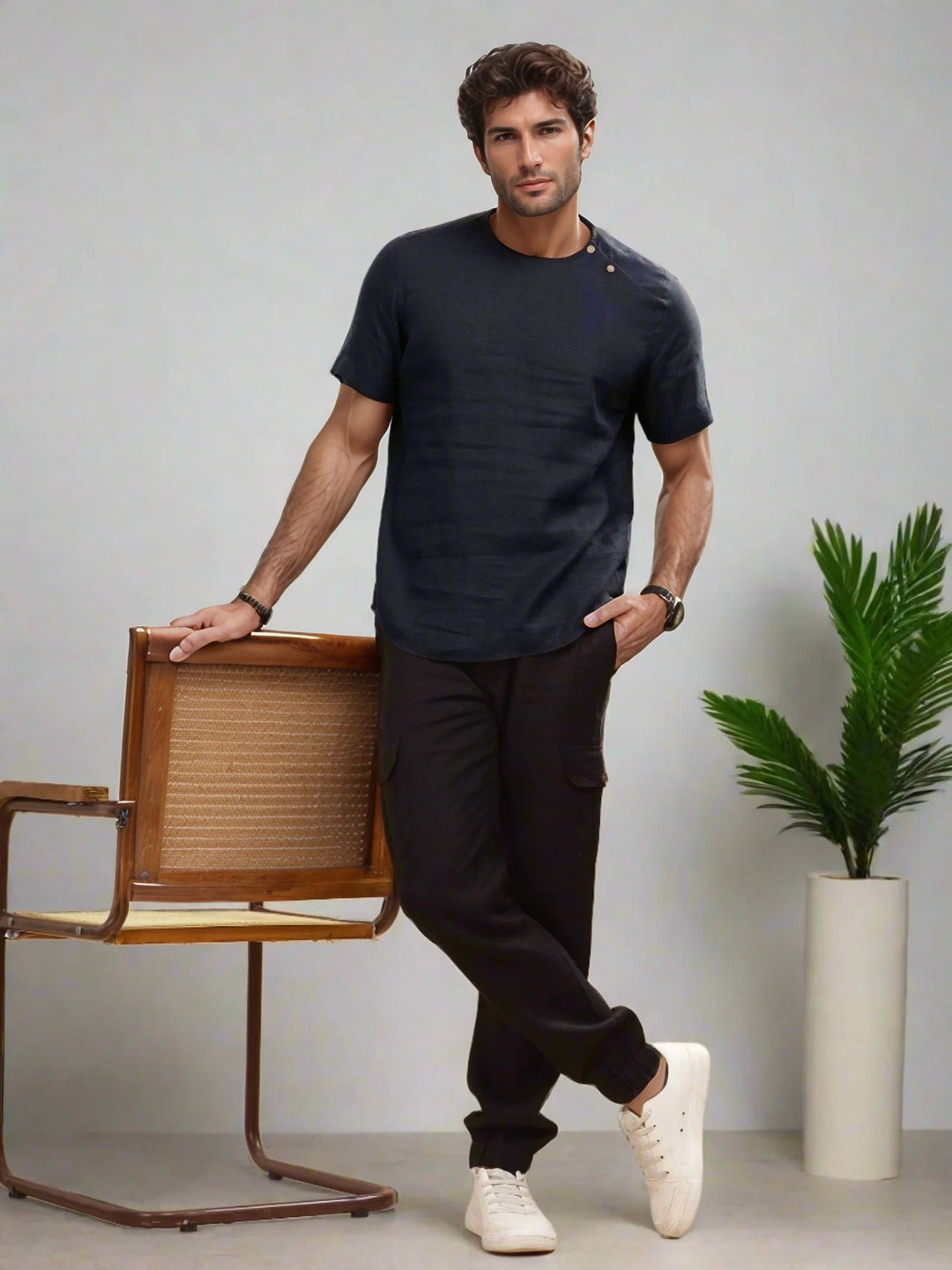 Kobe Dark Blue Linen T-Shirt – Short Sleeve with Shoulder Buttons - The Organico
