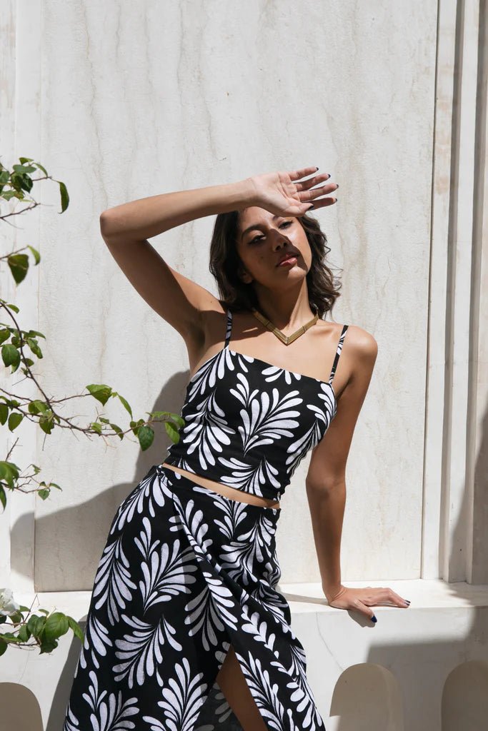 Marcy Top & Mira Skirt Linen Rayon blent black and white palms print - The Organico