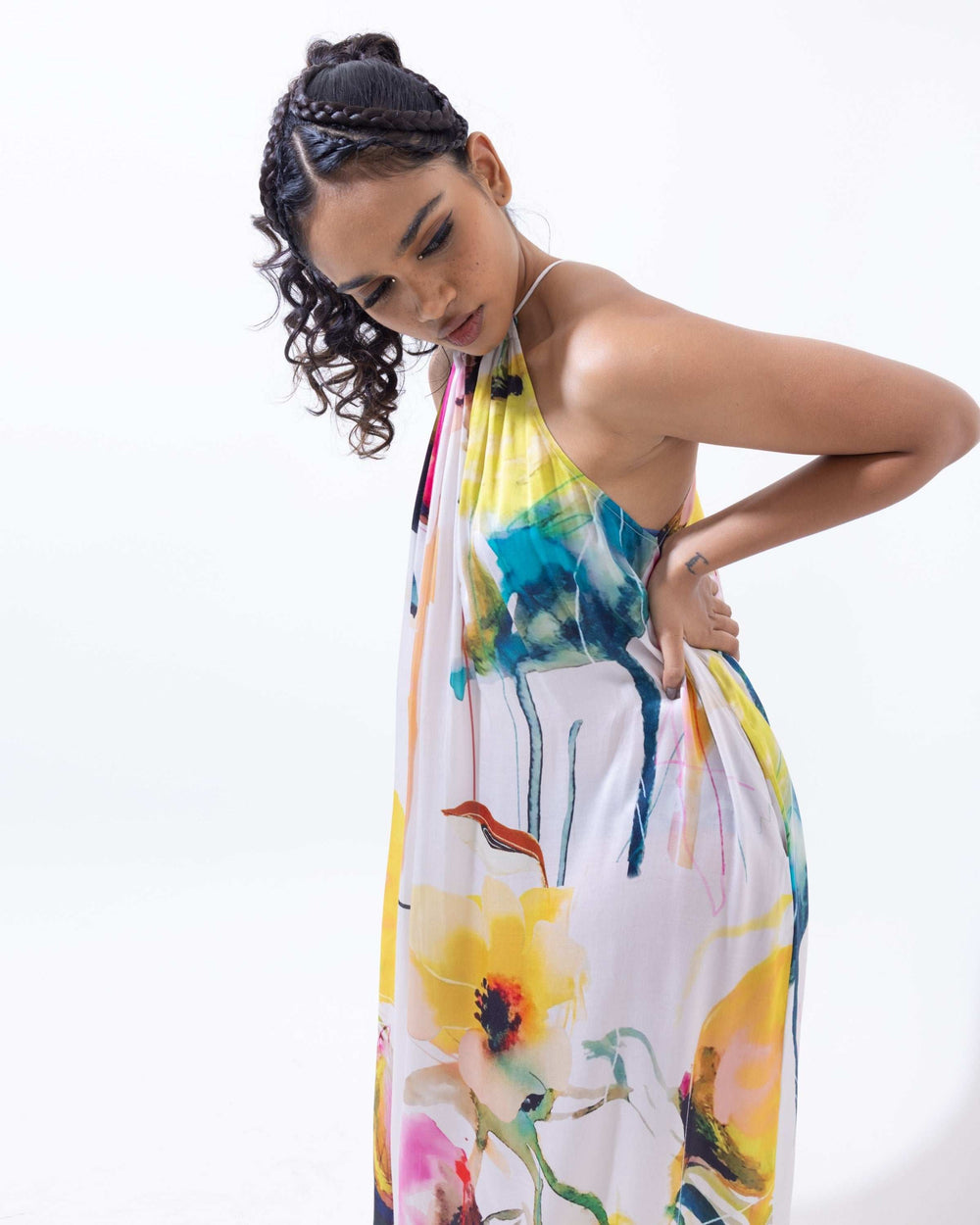 Midnight Bloom High - Neck Halter Maxi Dress – Black Vegan Silk Floral Elegance - The Organico
