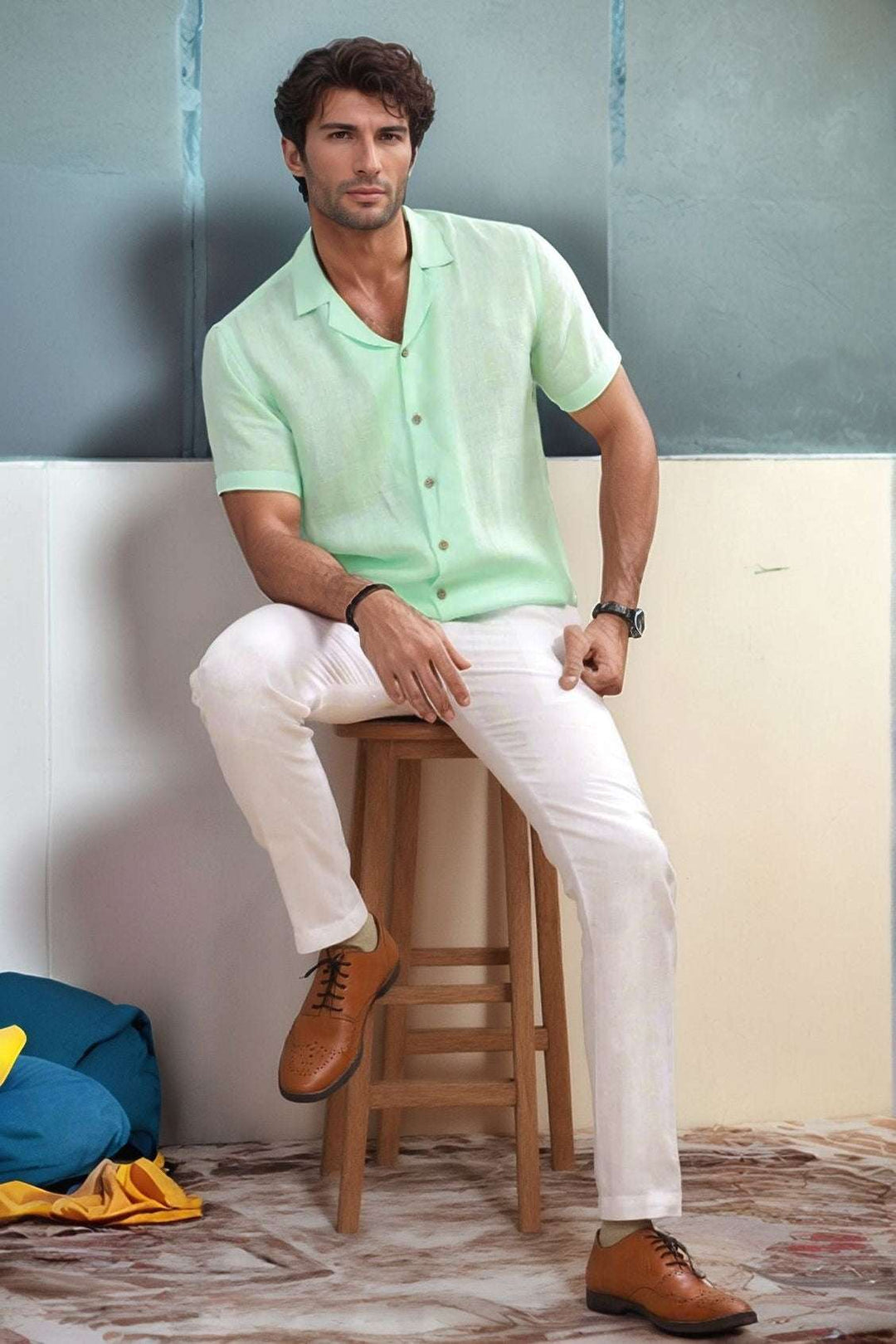 Nathan Mint Green Pure Linen Cuban Collar Shirt Half Sleeve, Relaxed The Organico Nathan Mint Green Pure Linen Cuban Collar Shirt Half Sleeve, Relaxed The Organico