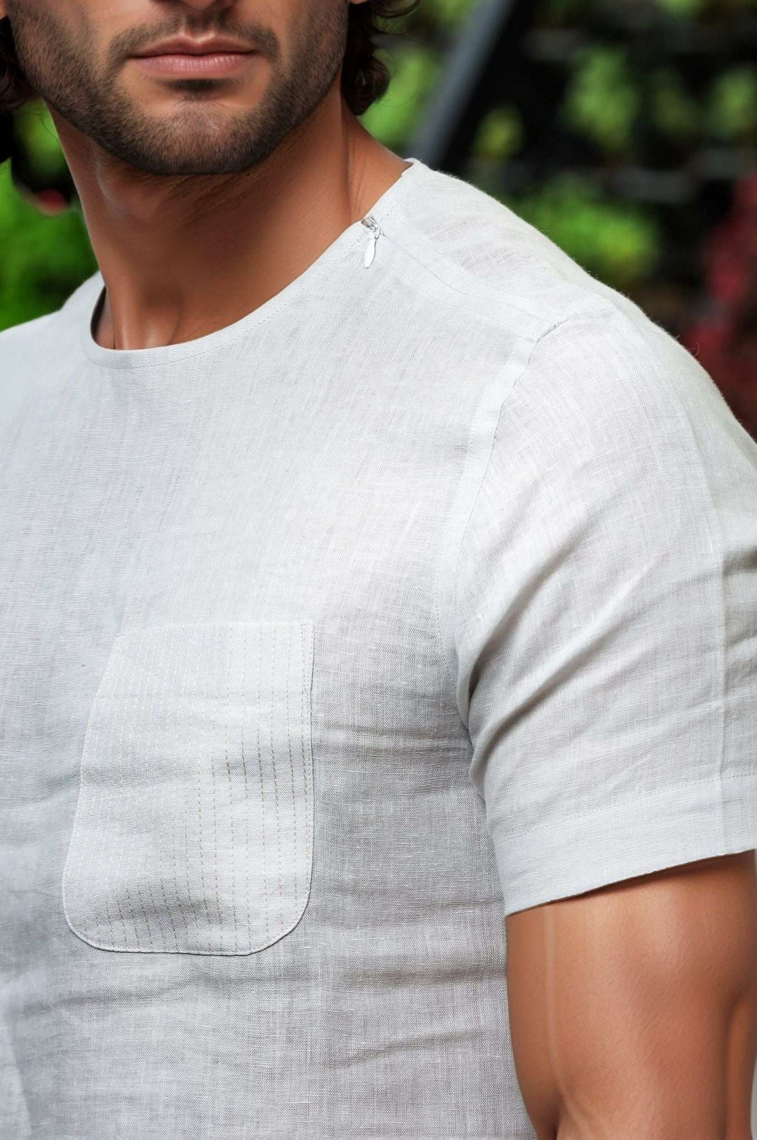 Simon Light Grey Linen T-Shirt – Stitch Detail, Short Sleeve - The Organico