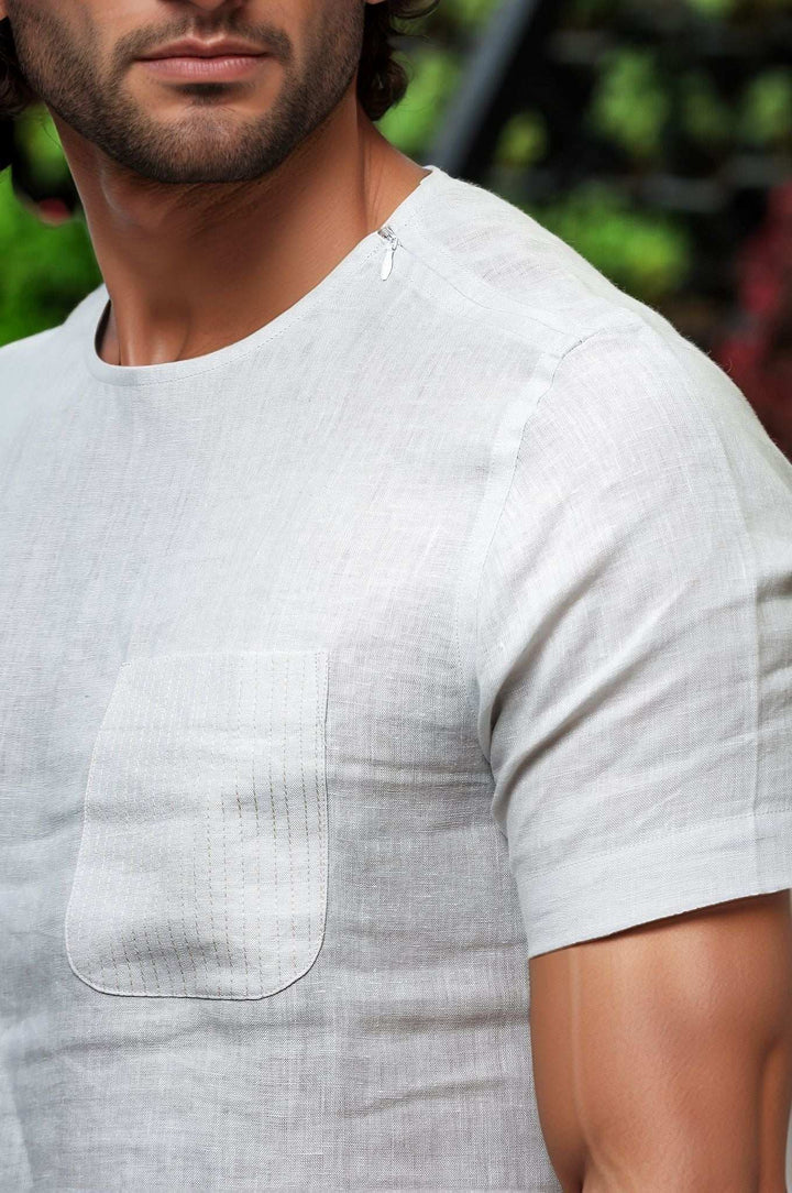 Simon Light Grey Linen T-Shirt – Stitch Detail, Short Sleeve - The Organico