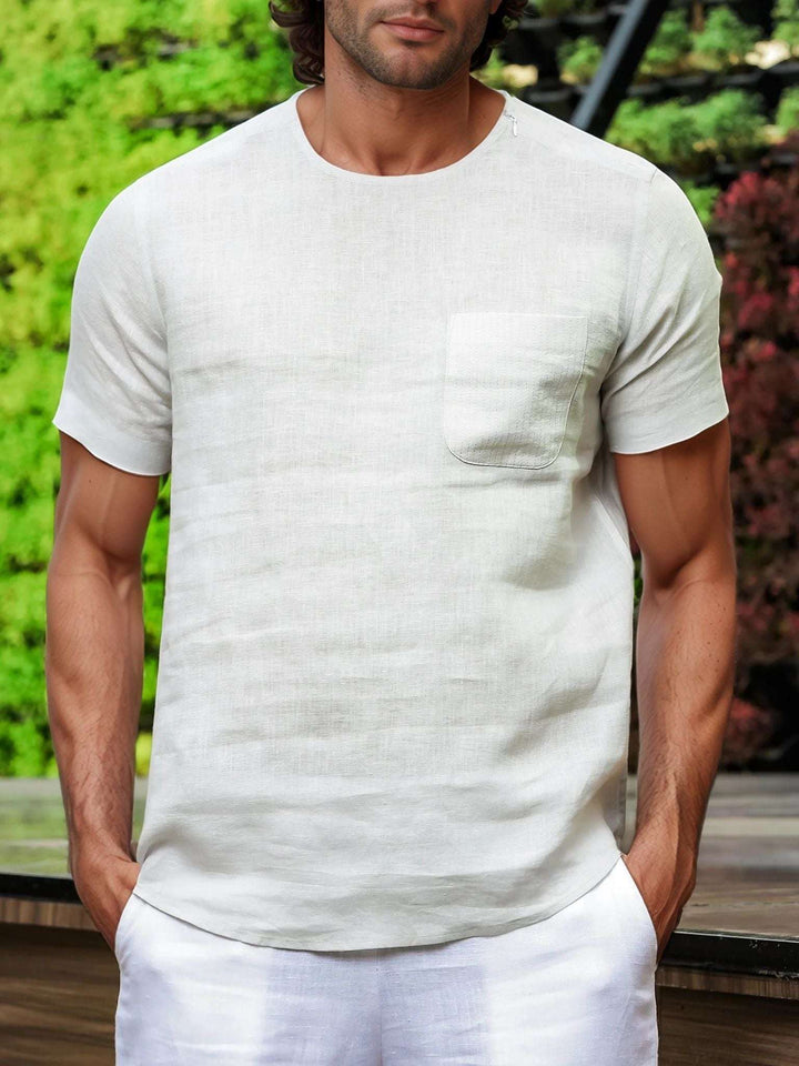 Simon Light Grey Linen T-Shirt – Stitch Detail, Short Sleeve - The Organico