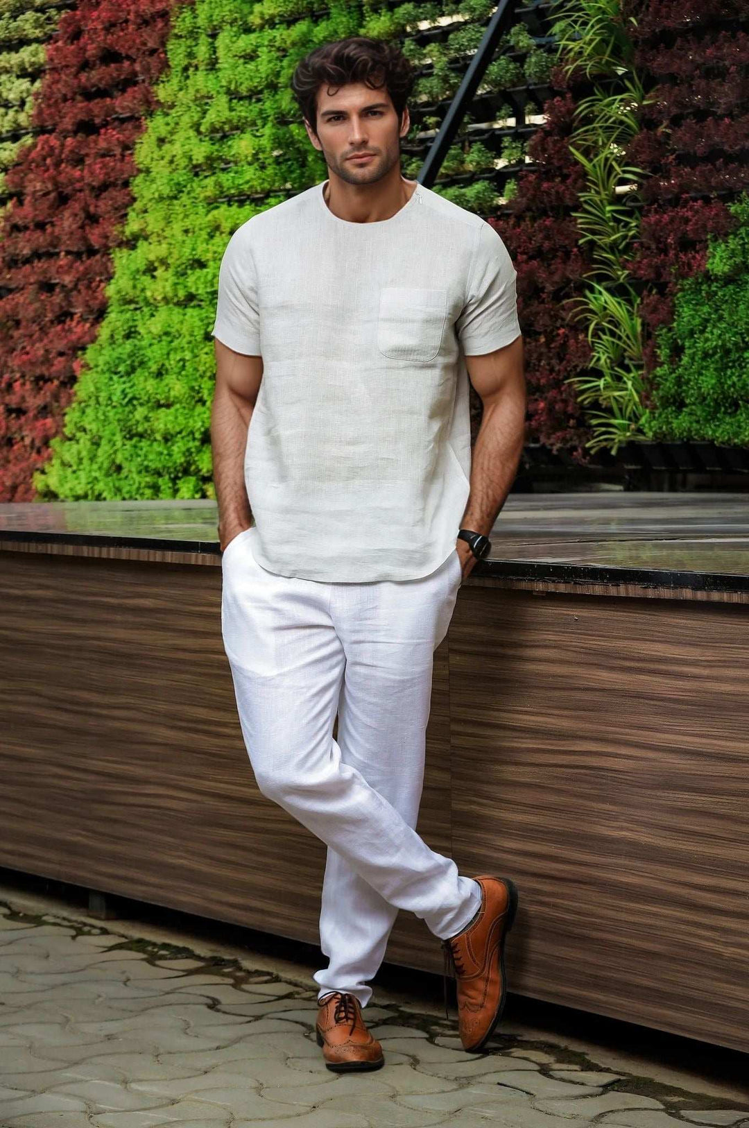 Simon Light Grey Linen T-Shirt – Stitch Detail, Short Sleeve - The Organico