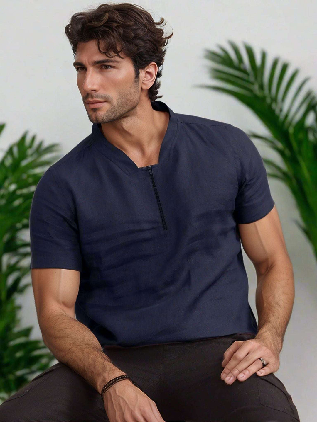 Sol Dark Blue Linen T-Shirt – Short Sleeve with Front Zipper - The Organico