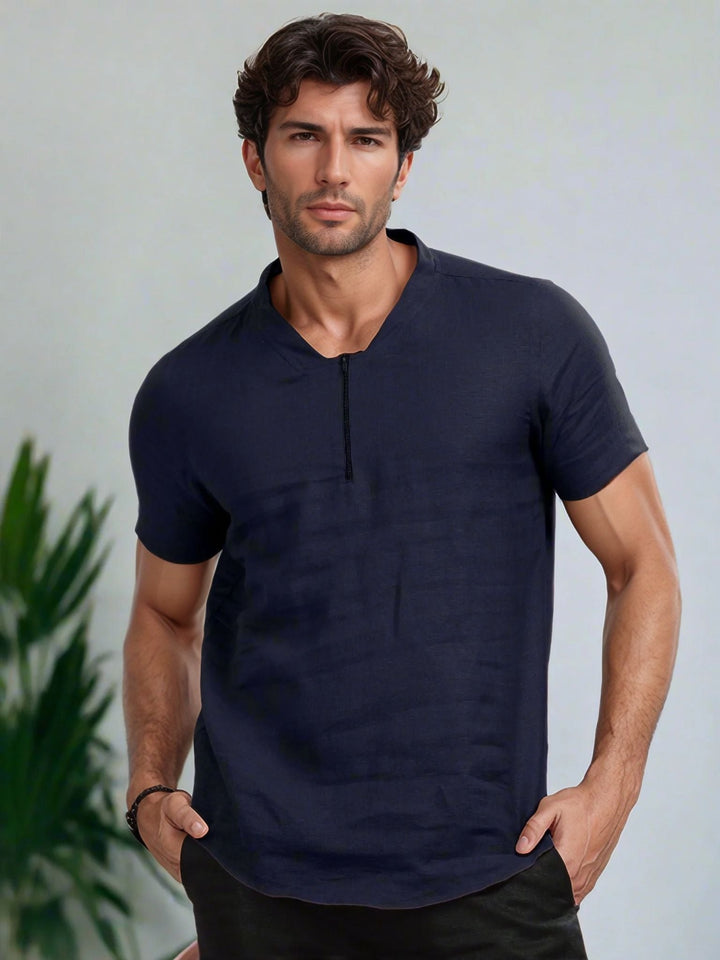 Sol Dark Blue Linen T-Shirt – Short Sleeve with Front Zipper - The Organico