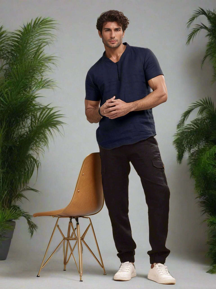 Sol Dark Blue Linen T-Shirt – Short Sleeve with Front Zipper - The Organico