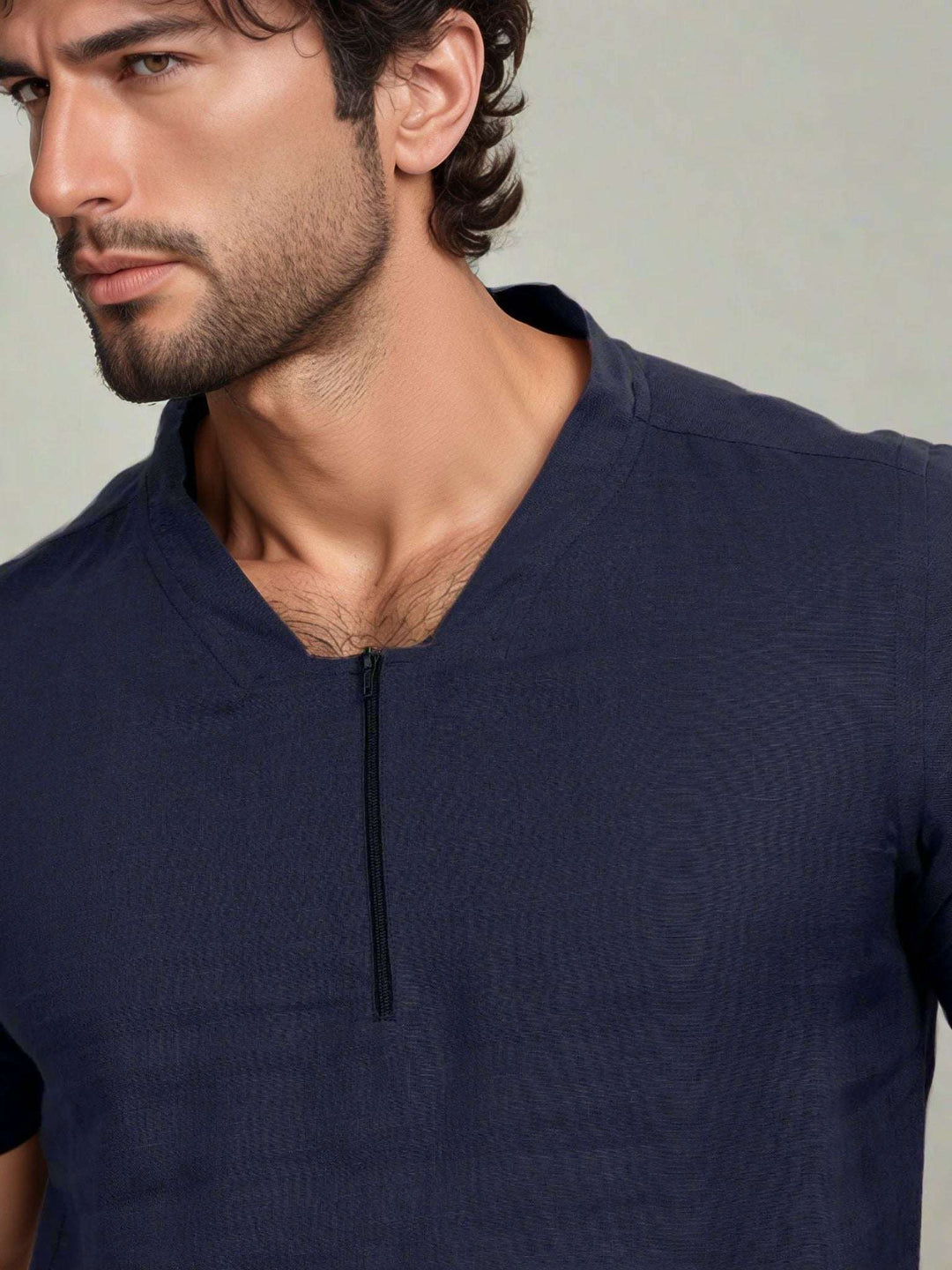 Sol Dark Blue Linen T-Shirt – Short Sleeve with Front Zipper - The Organico