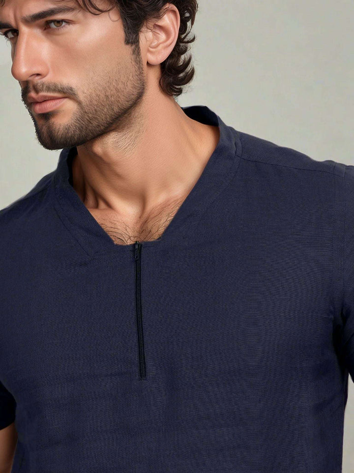 Sol Dark Blue Linen T-Shirt – Short Sleeve with Front Zipper - The Organico