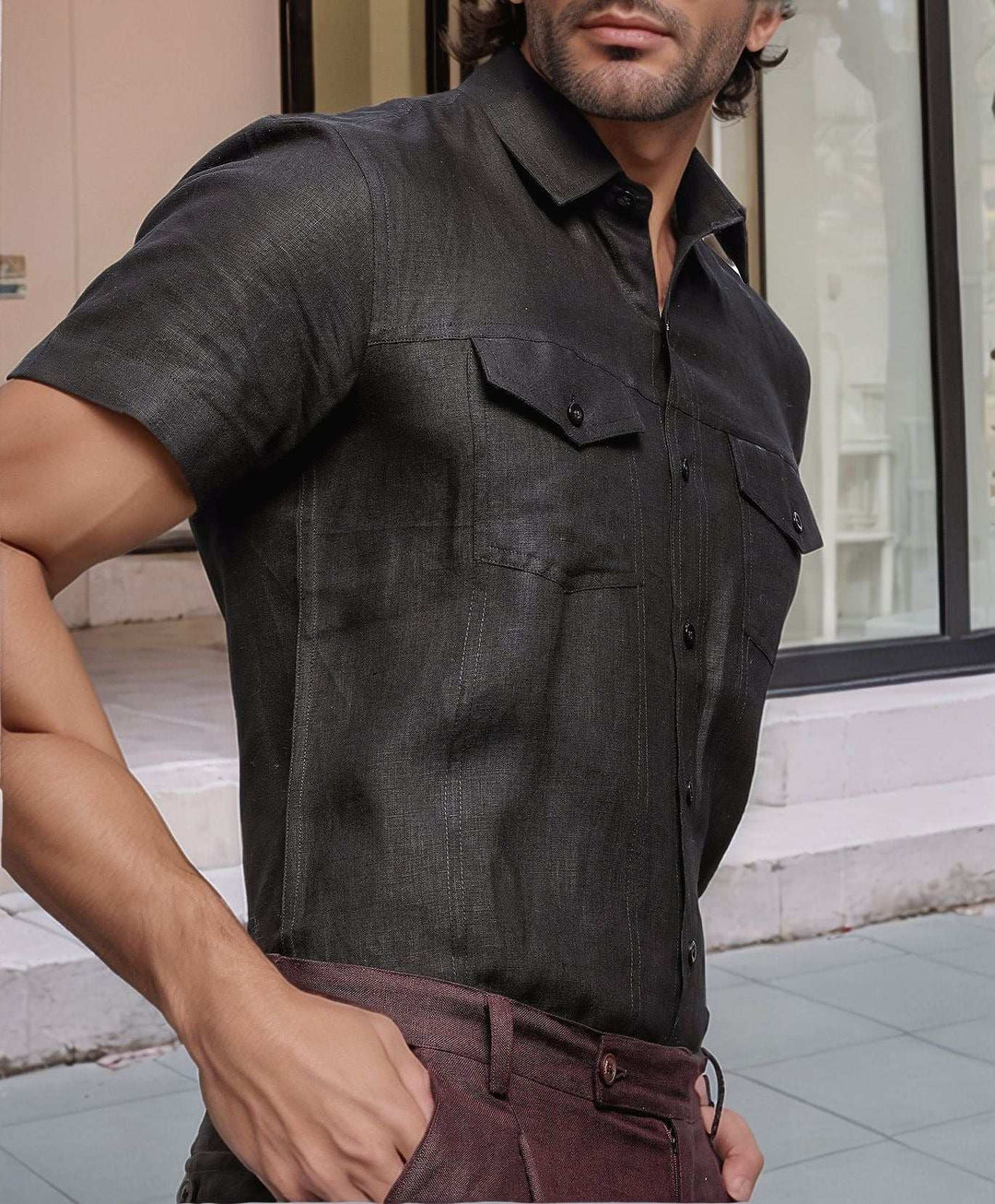 Thomas Black Pure Linen Double Pocket Short Sleeve Shirt - The Organico