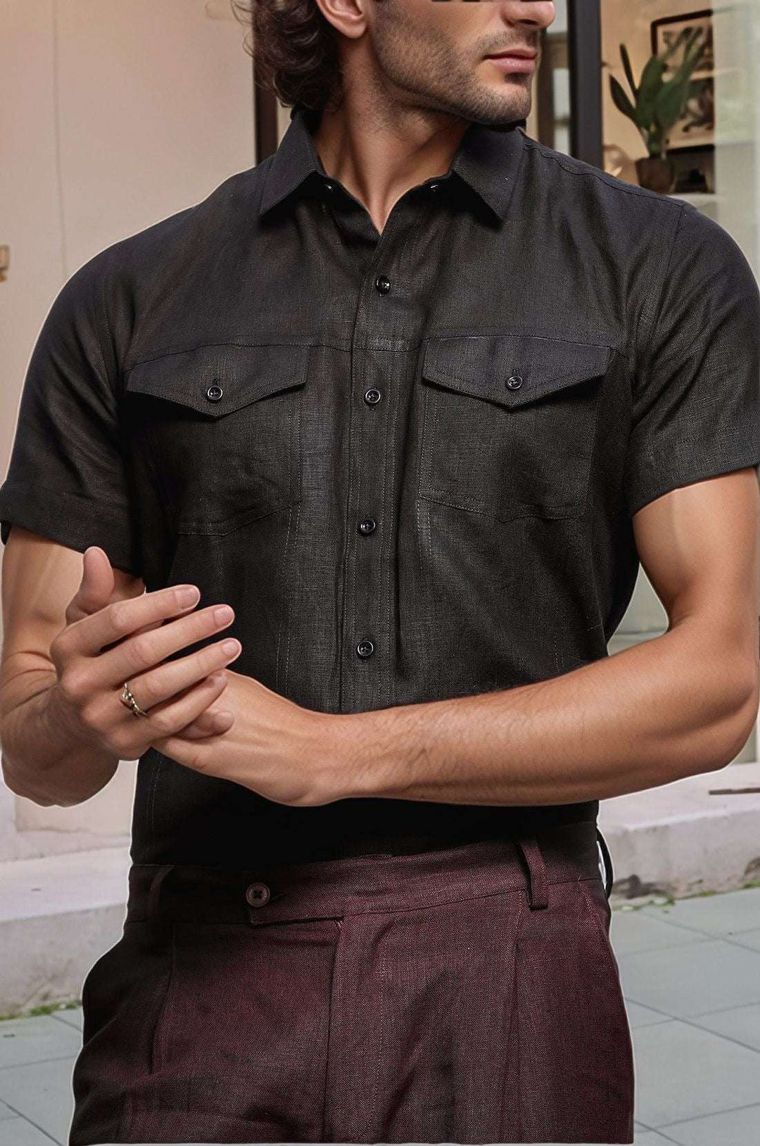 Thomas Black Pure Linen Double Pocket Short Sleeve Shirt - The Organico