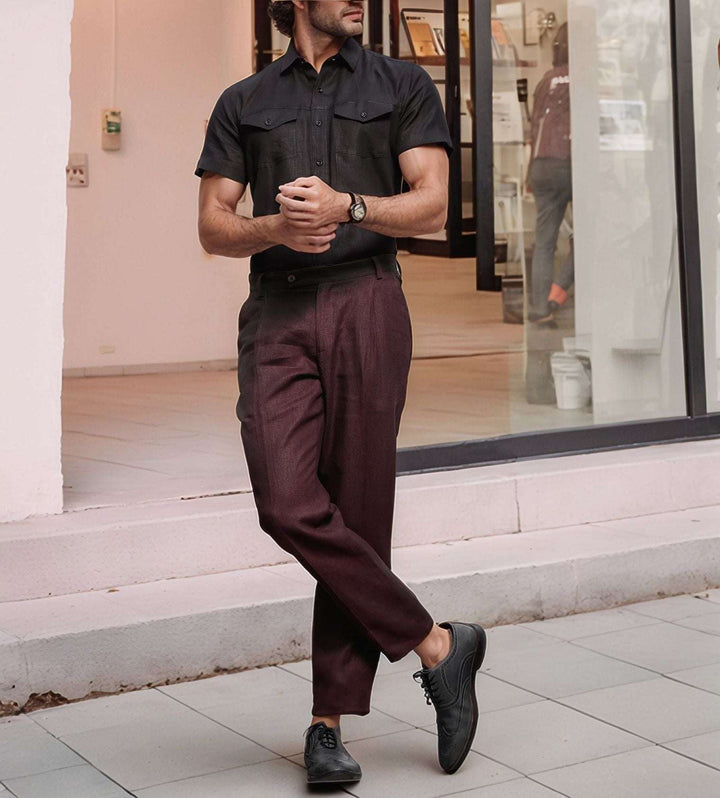 Thomas Black Pure Linen Double Pocket Short Sleeve Shirt - The Organico