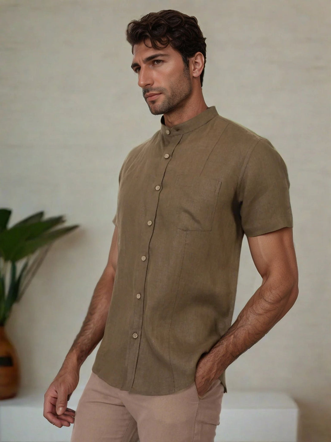 Trevor Hazelnut Brown Linen Shirt – Half Sleeve & Mandarin Collar - The Organico