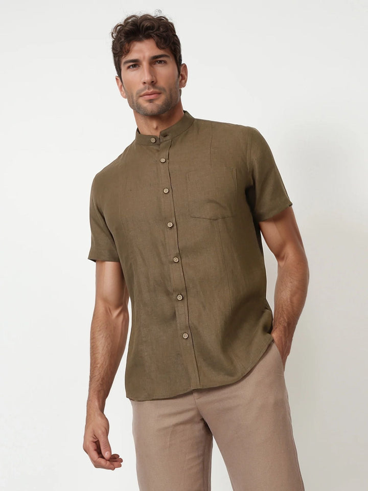Trevor Hazelnut Brown Linen Shirt – Half Sleeve & Mandarin Collar - The Organico