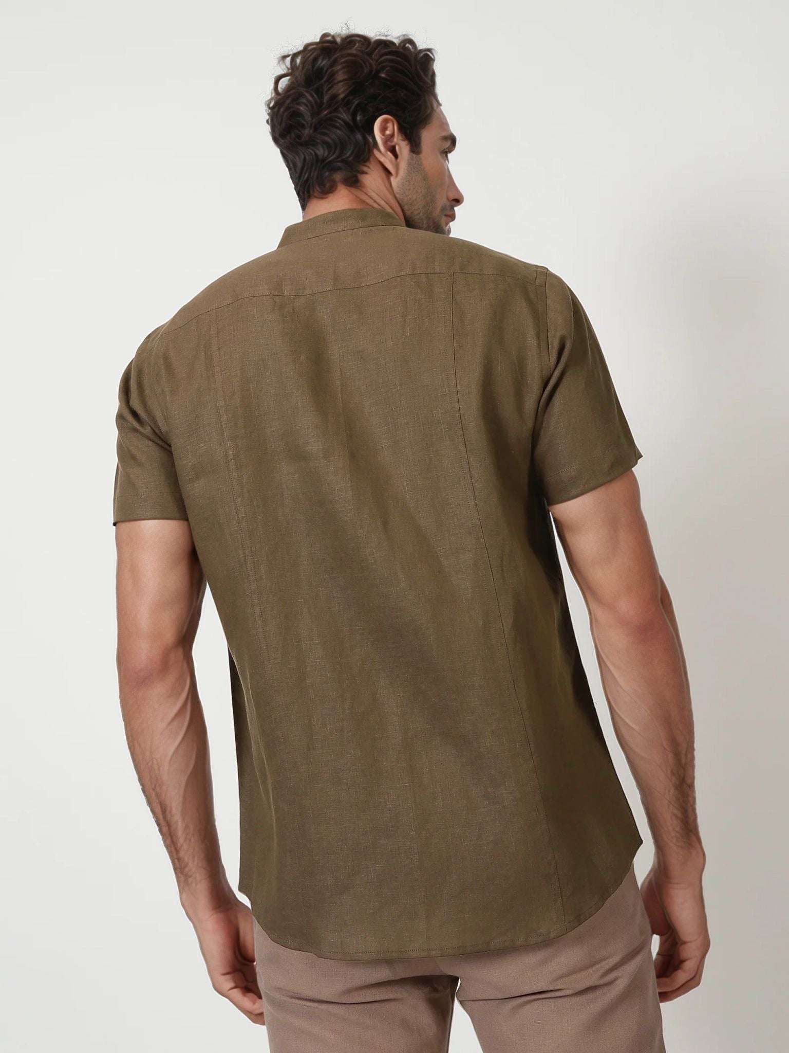 Trevor Hazelnut Brown Linen Shirt – Half Sleeve & Mandarin Collar
