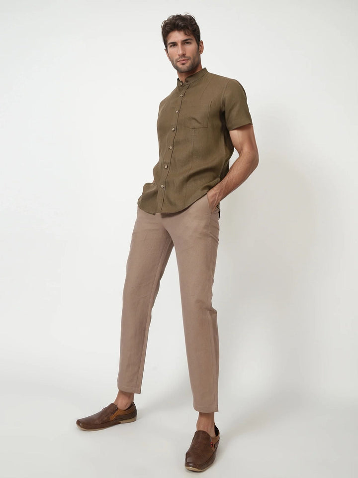 Trevor Hazelnut Brown Linen Shirt – Half Sleeve & Mandarin Collar - The Organico
