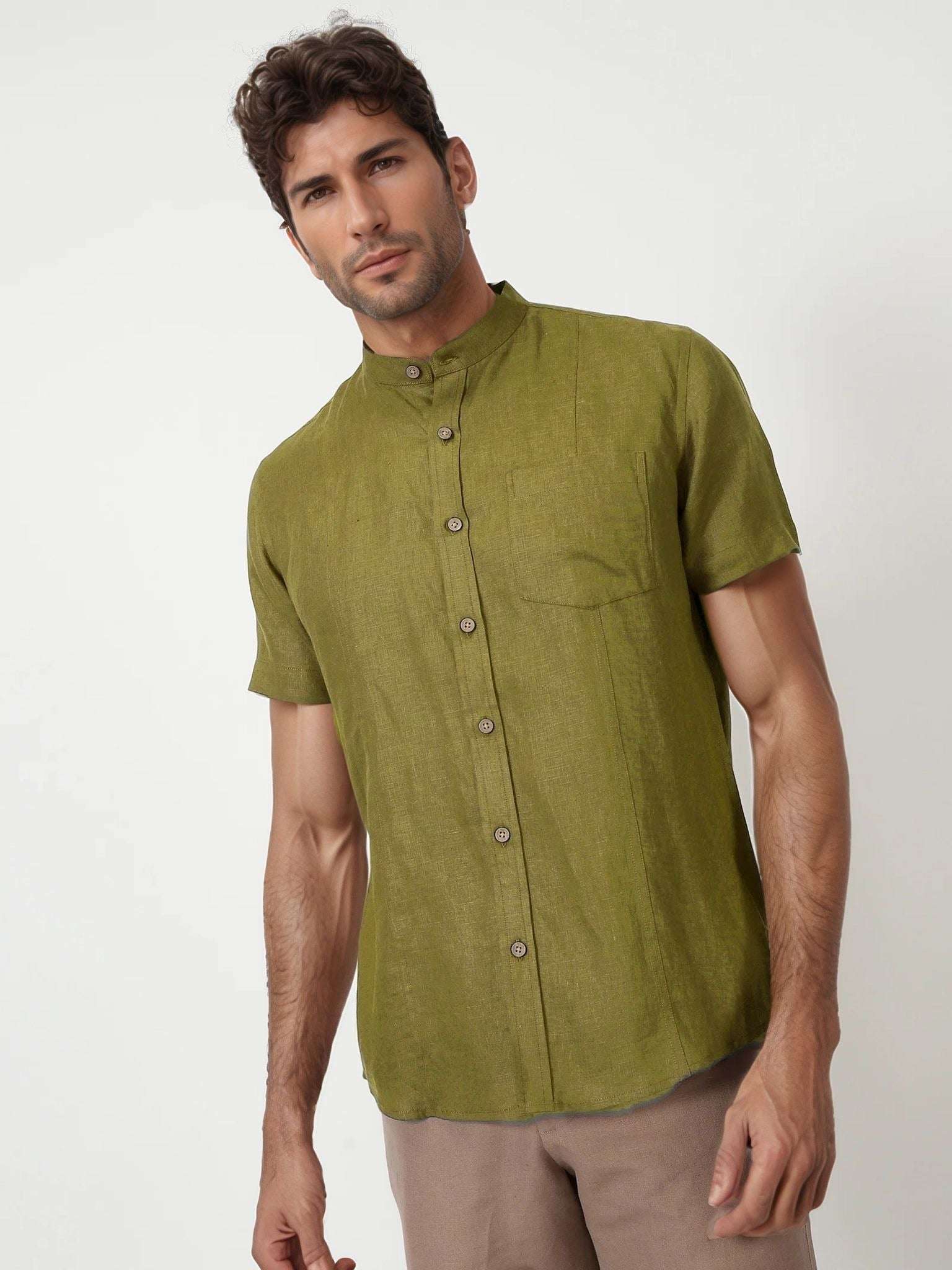 Trevor Sap Green Linen Shirt  Half Sleeve & Mandarin Collar  The Organico