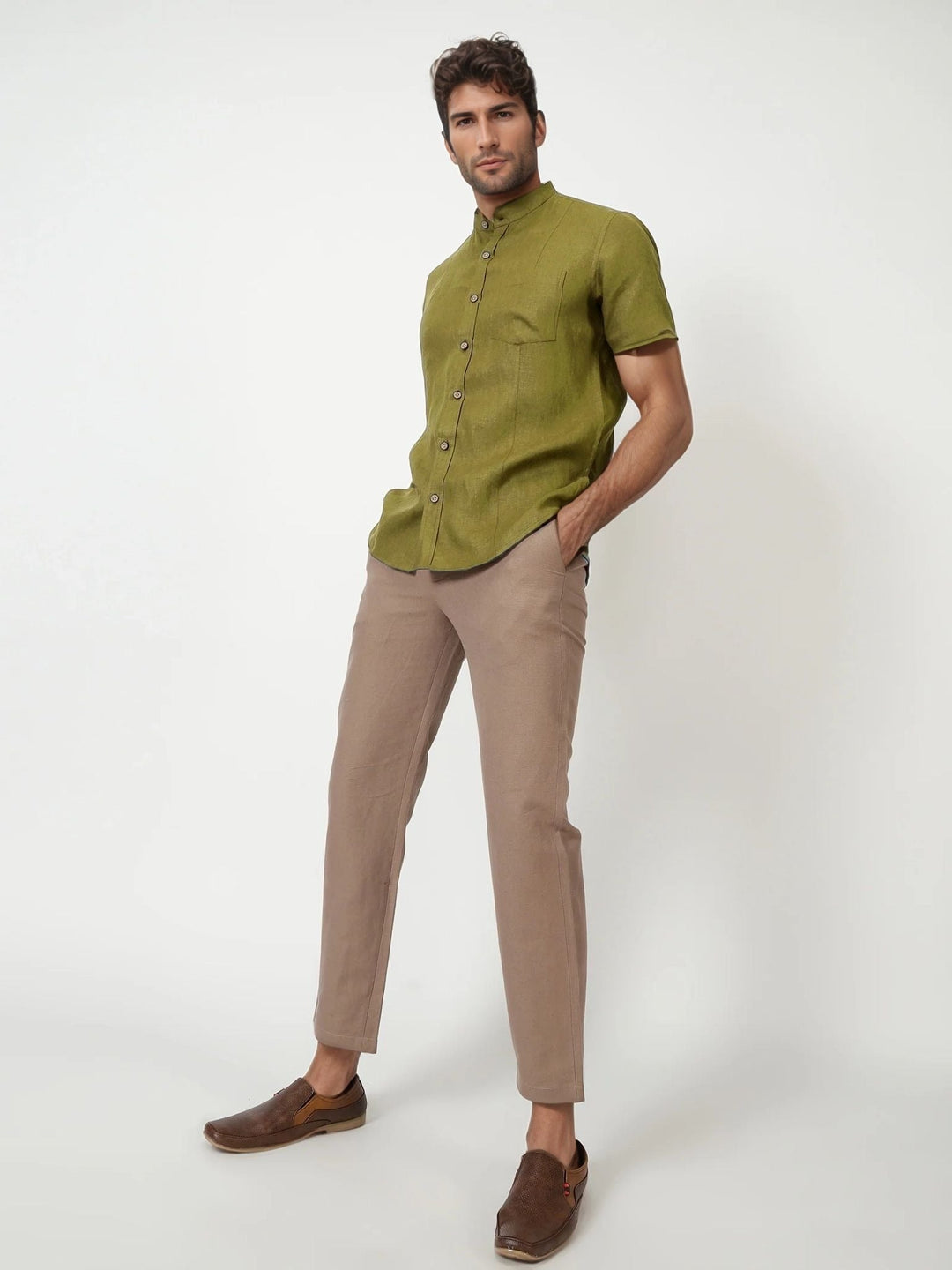 Trevor Sap Green Linen Shirt Half Sleeve & Mandarin Collar The Organico Trevor Sap Green Linen Shirt Half Sleeve & Mandarin Collar The Organico