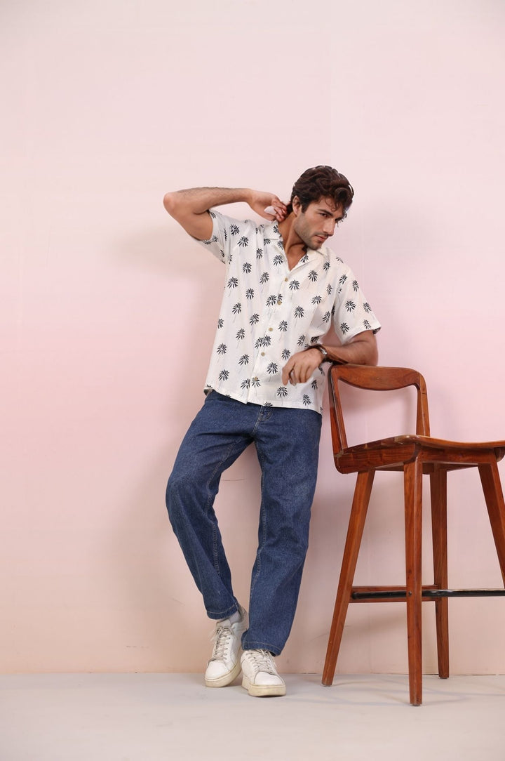 White with Black Palm – Men’s Cuban Cotton Handprint Shirt | 100% Mulmul Cotton | Handmade Palm Print - The Organico