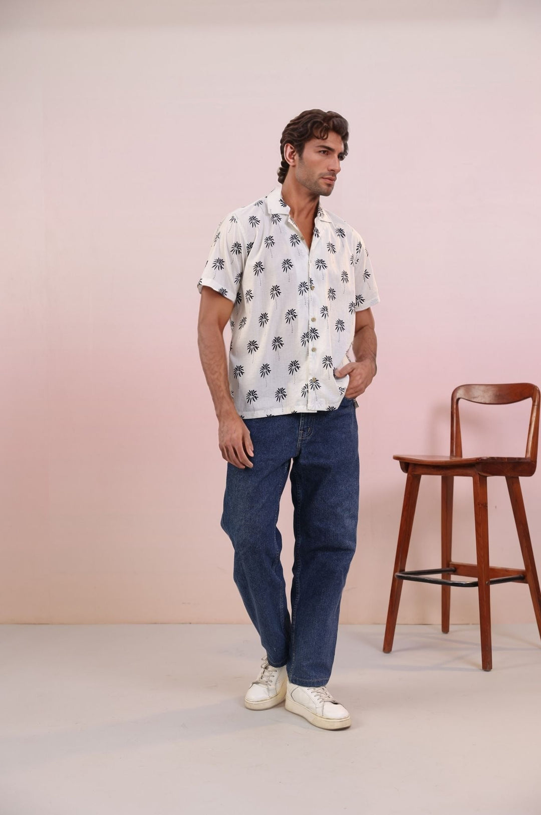 White with Black Palm – Men’s Cuban Cotton Handprint Shirt | 100% Mulmul Cotton | Handmade Palm Print - The Organico