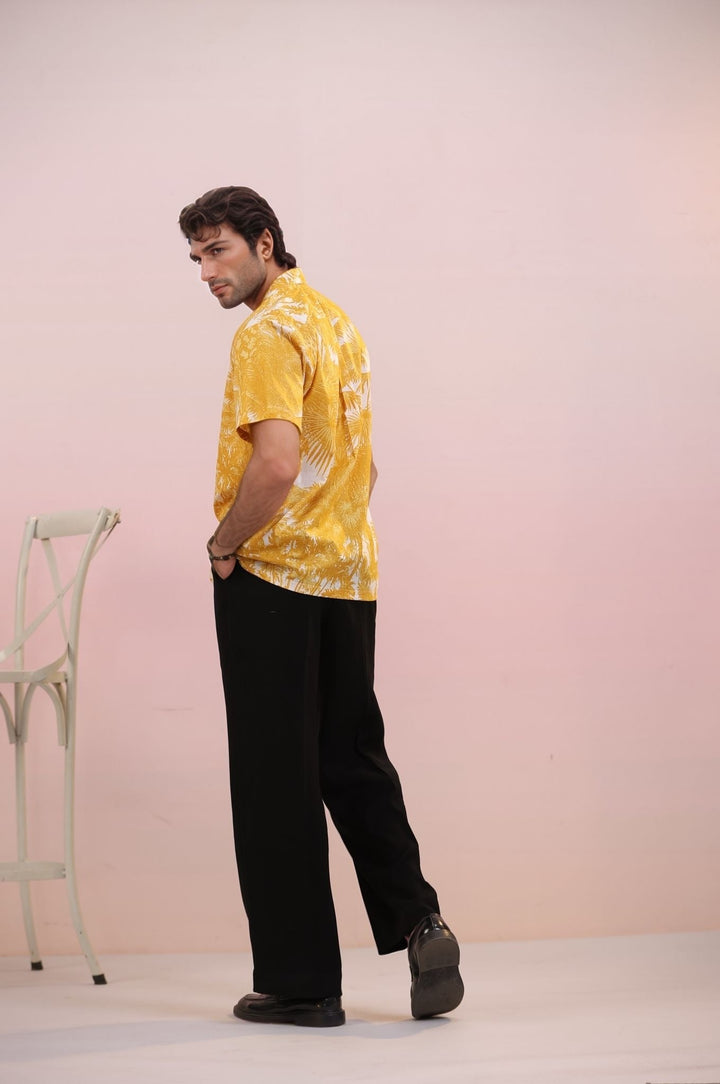Yellow Jungle – Handcrafted Men’s Cuban Cotton Shirt | Tropical Jungle Print | 100% Mulmul - The Organico