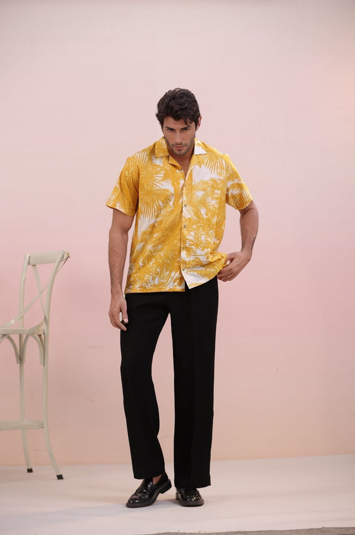Yellow Jungle – Handcrafted Men’s Cuban Cotton Shirt | Tropical Jungle Print | 100% Mulmul - The Organico