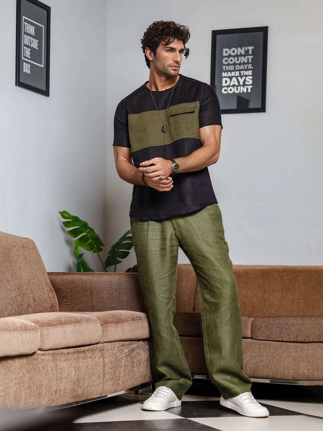 Zach Black & Moss Green Linen T-Shirt – Short Sleeve Color Block - The Organico